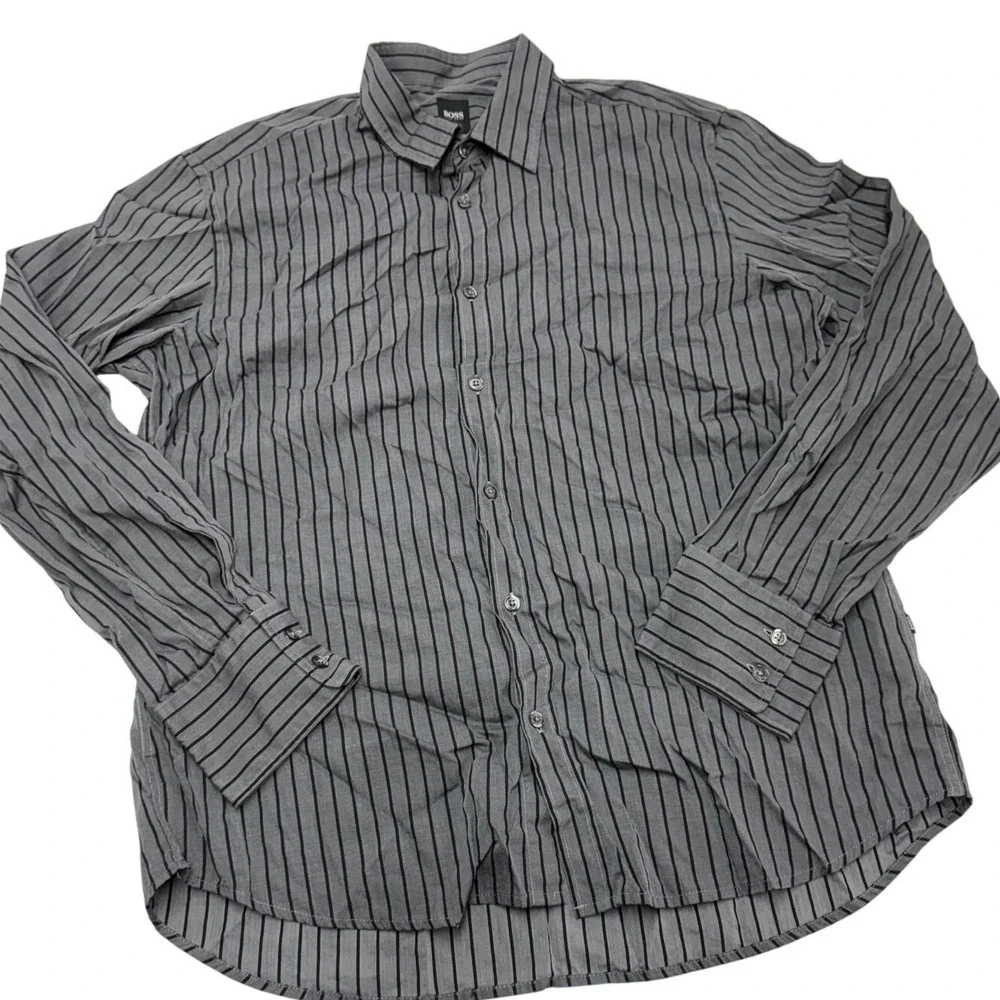 HUGO BOSS Shirt Mens XL Gray‎ Lucas Striped Button Down Fitted Long Sleeve